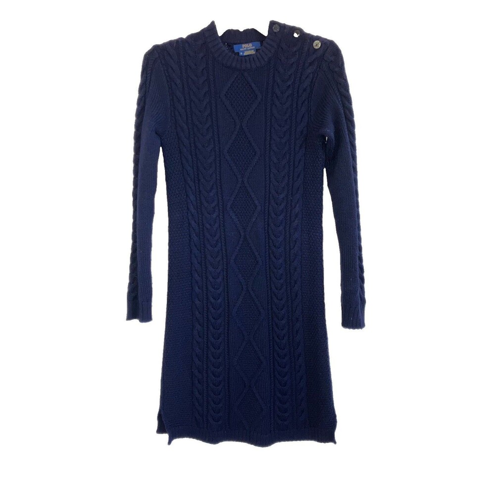 POLO RALPH LAUREN sz XS ITALY MERINO WOOL CABLE KNIT DARK BLUE DRESS LONG SLEEVE